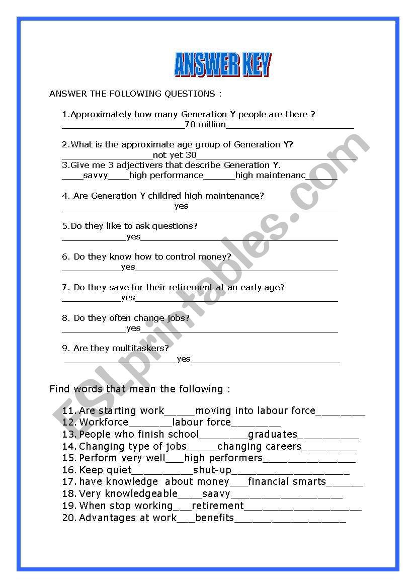 Generation Y Esl Worksheet By Giovanni