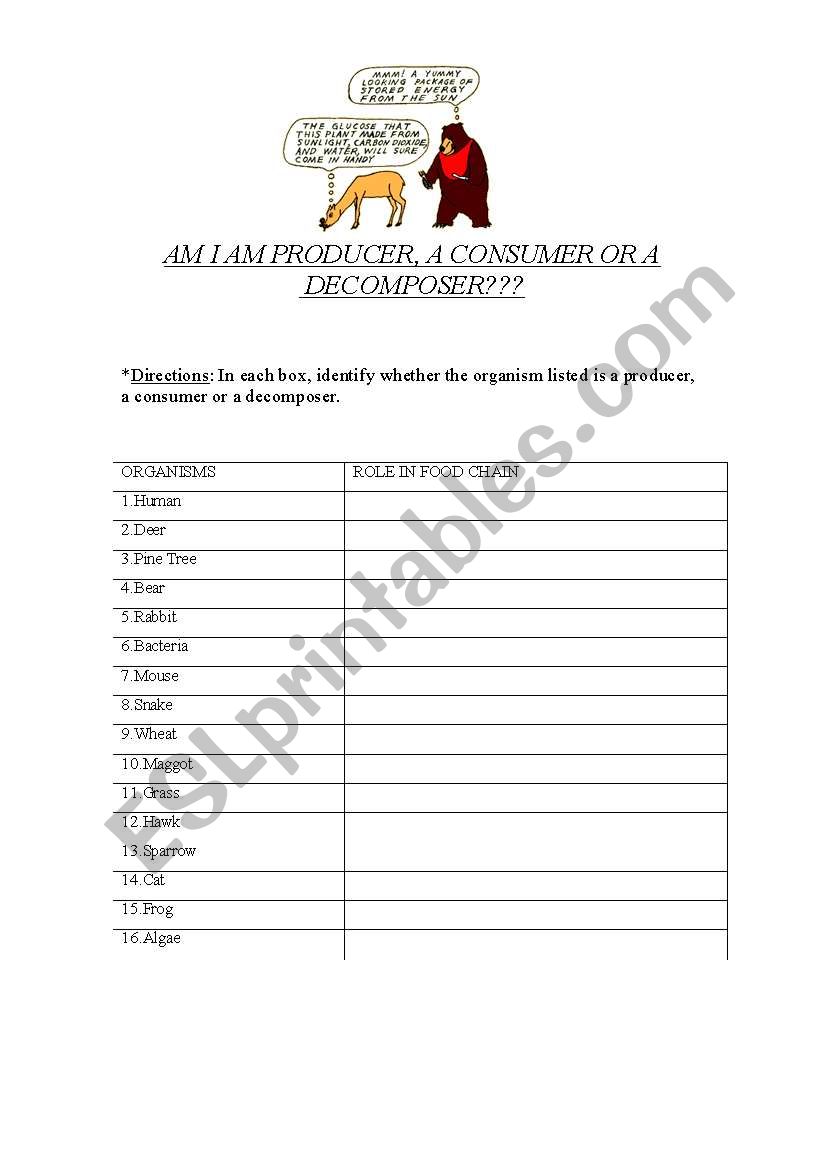 The Food Chain -- Am I a Producer, Consumer or Decomposer? - ESL Intended For Producers And Consumers Worksheet