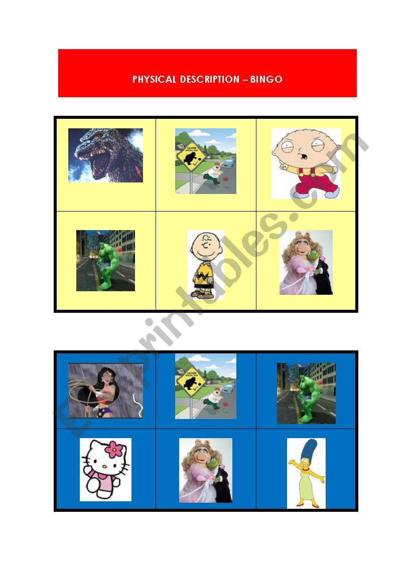 Physical description - Bingo worksheet