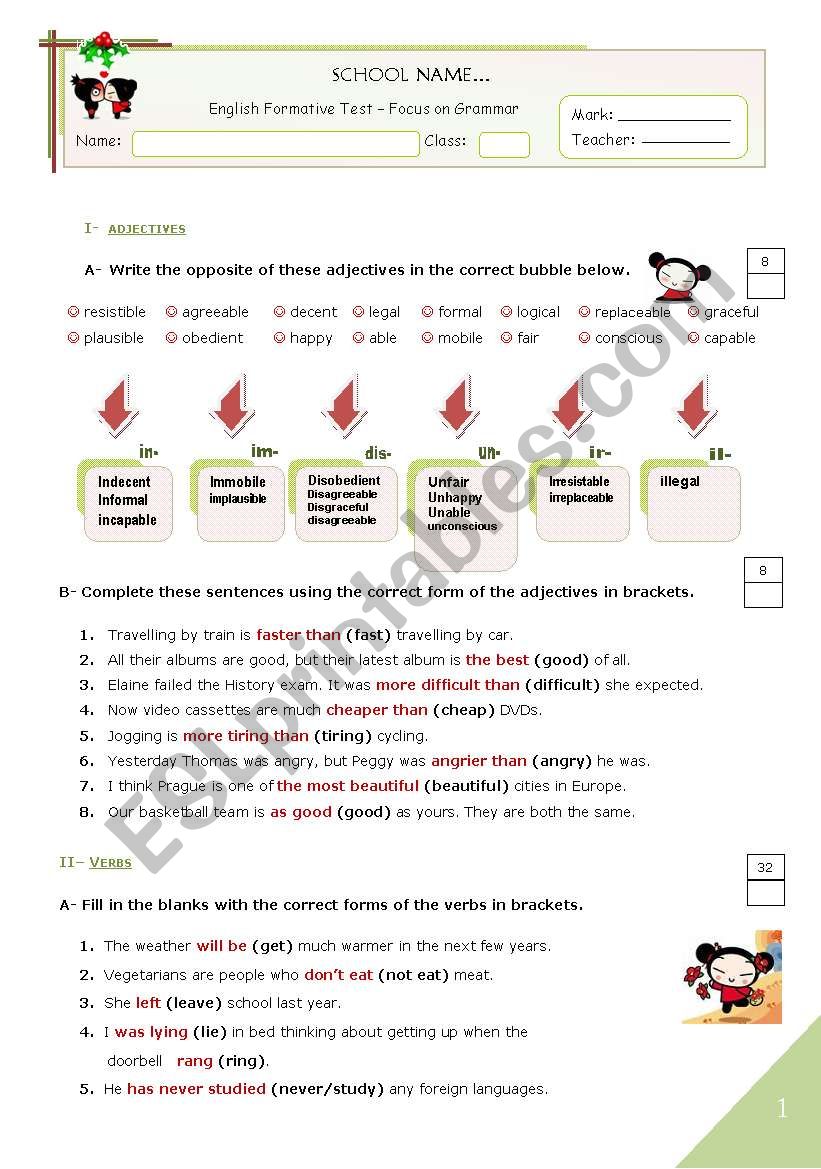 KEY for the GRAMMAR TEST worksheet