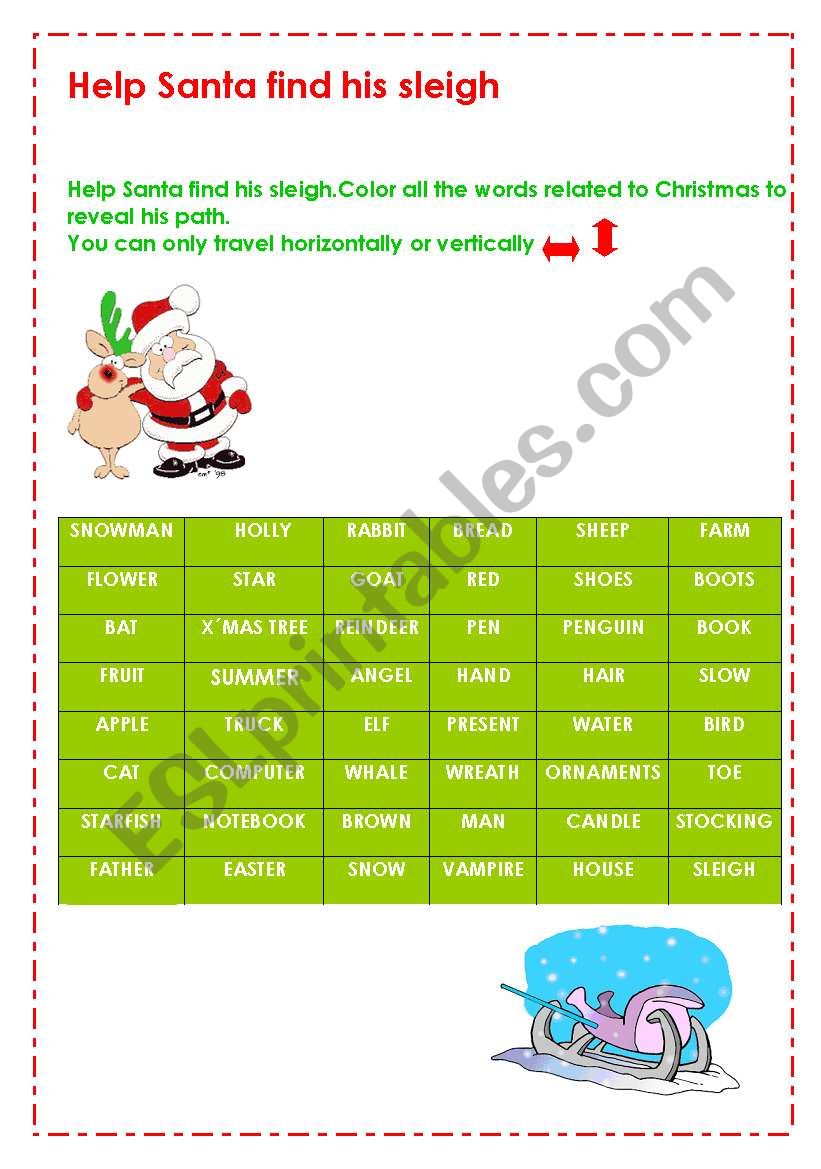 Help Santa find his sleigh worksheet