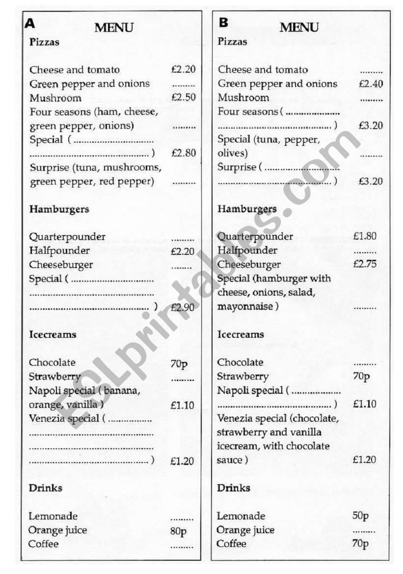 The Pizza parlour worksheet