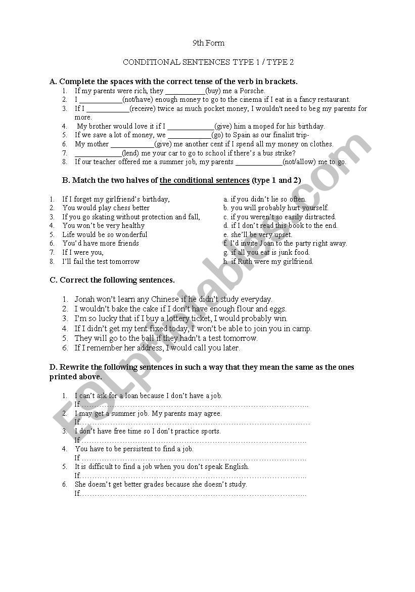 if clauses types 1 and 2 worksheet