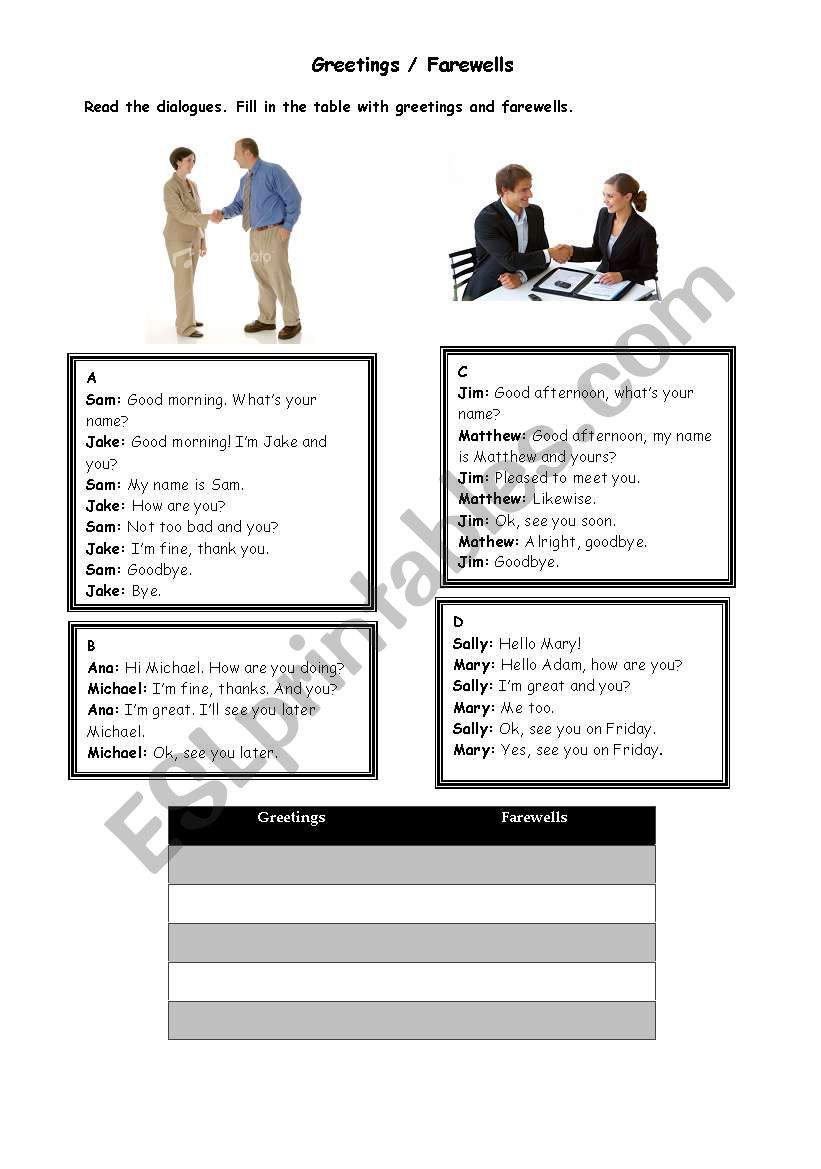 Greetings and farewells worksheet