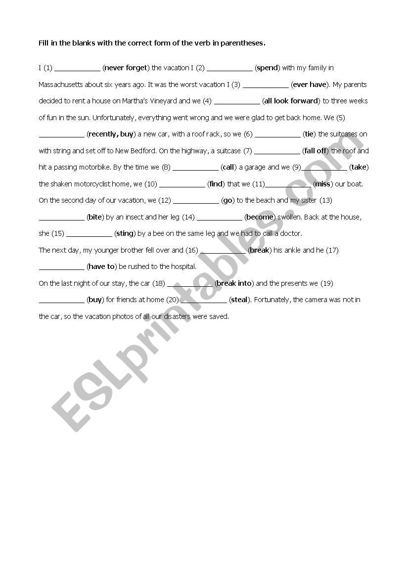 VACATIONS worksheet