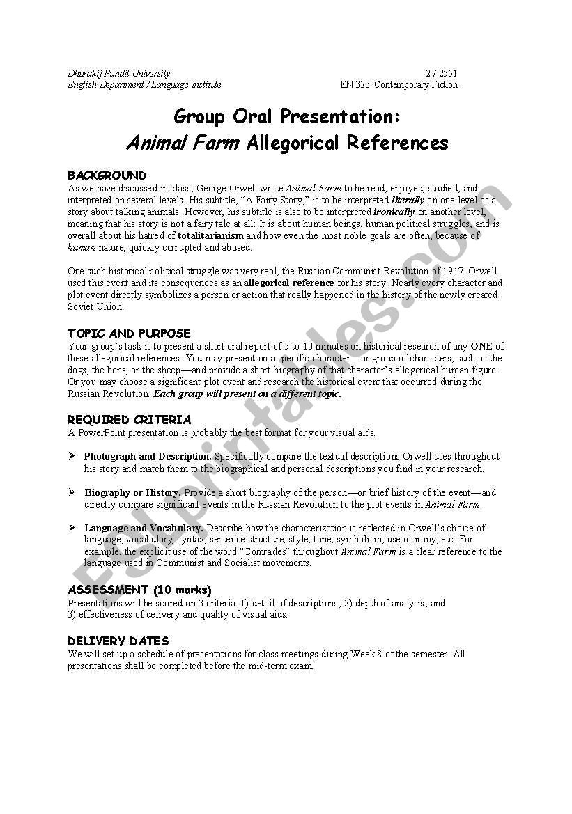 Animal Farm Allegory Project worksheet