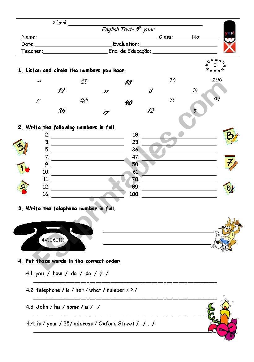 test - numbers, possessive adjectives, questions... santa claus