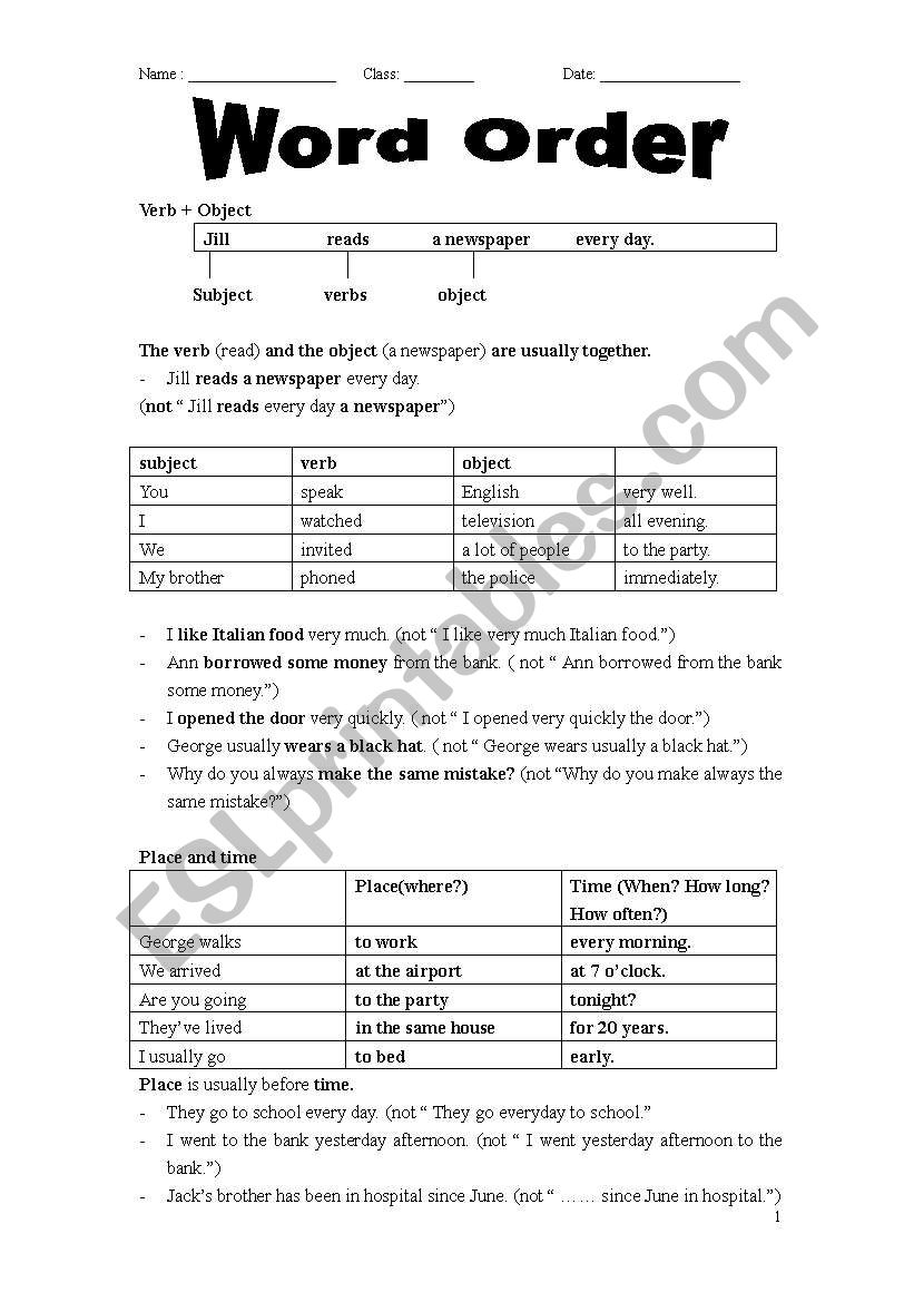 word order worksheet