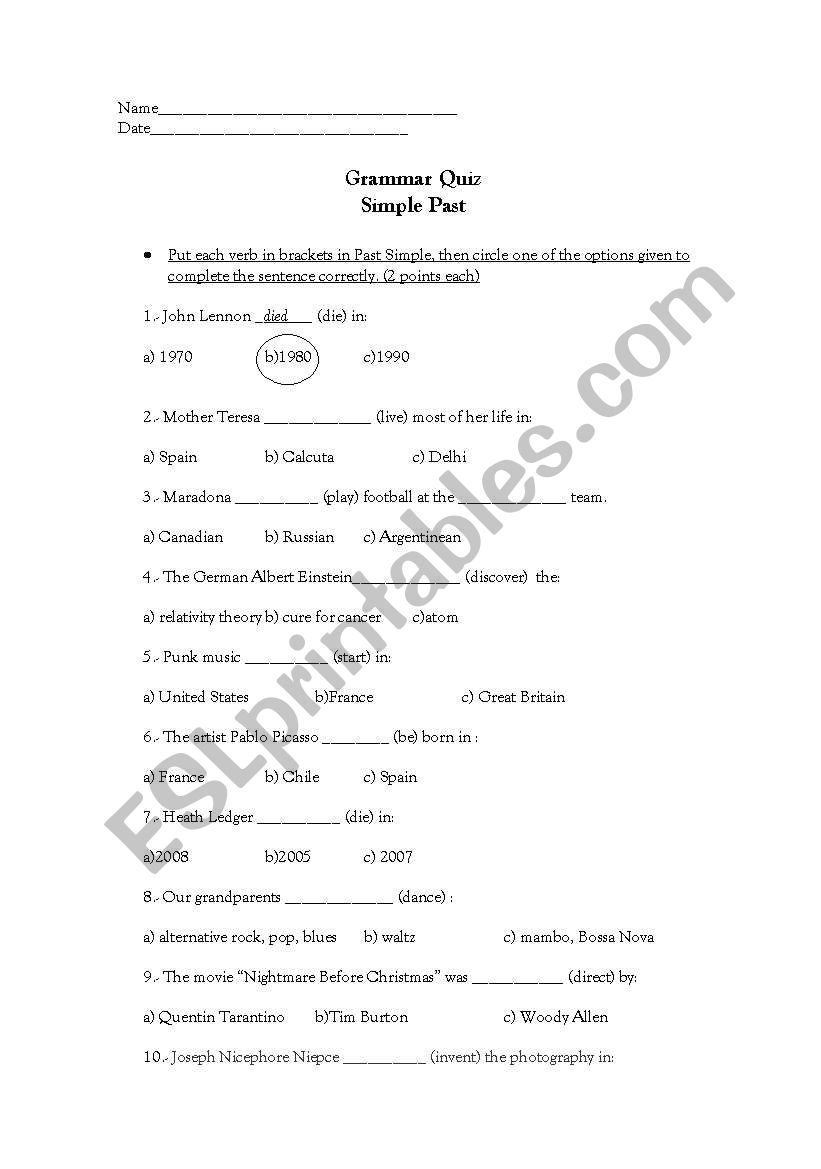 Simple past grammar quizz worksheet