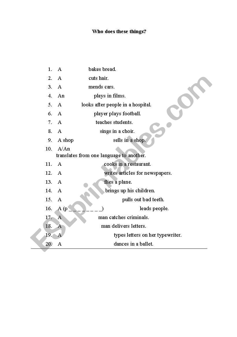 Who does this things? worksheet
