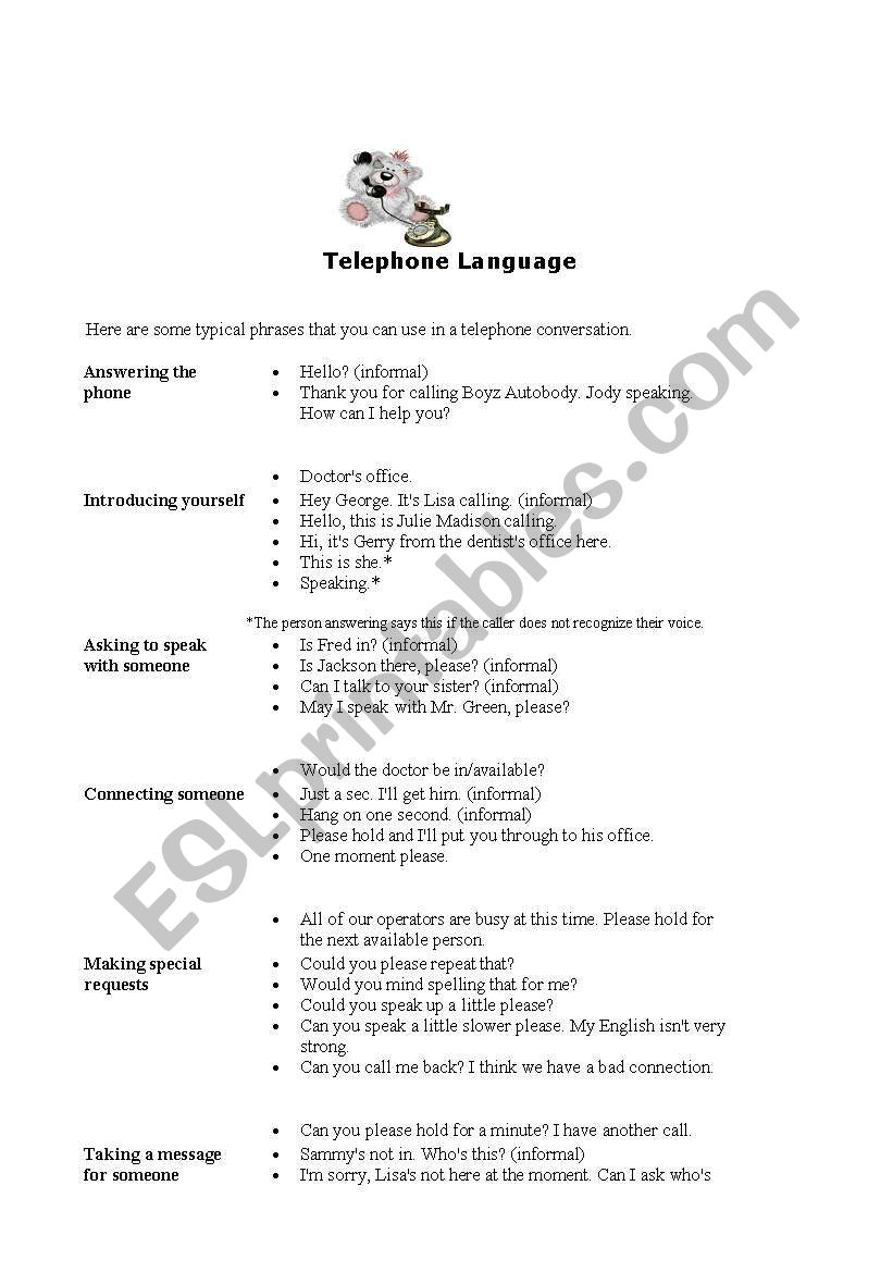 TELEPHONE LANGUAGE  worksheet