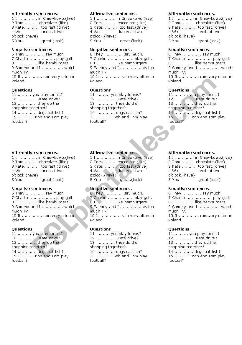 Present Simple short test worksheet