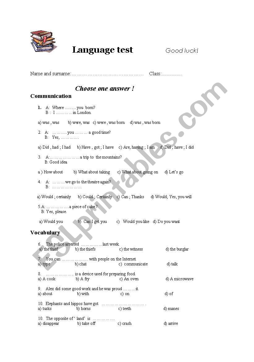 Language test worksheet