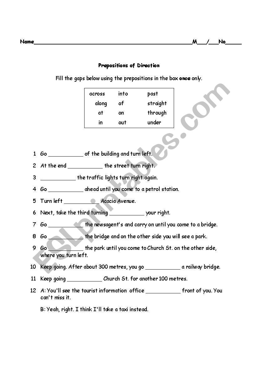 Preprosition of Direction worksheet