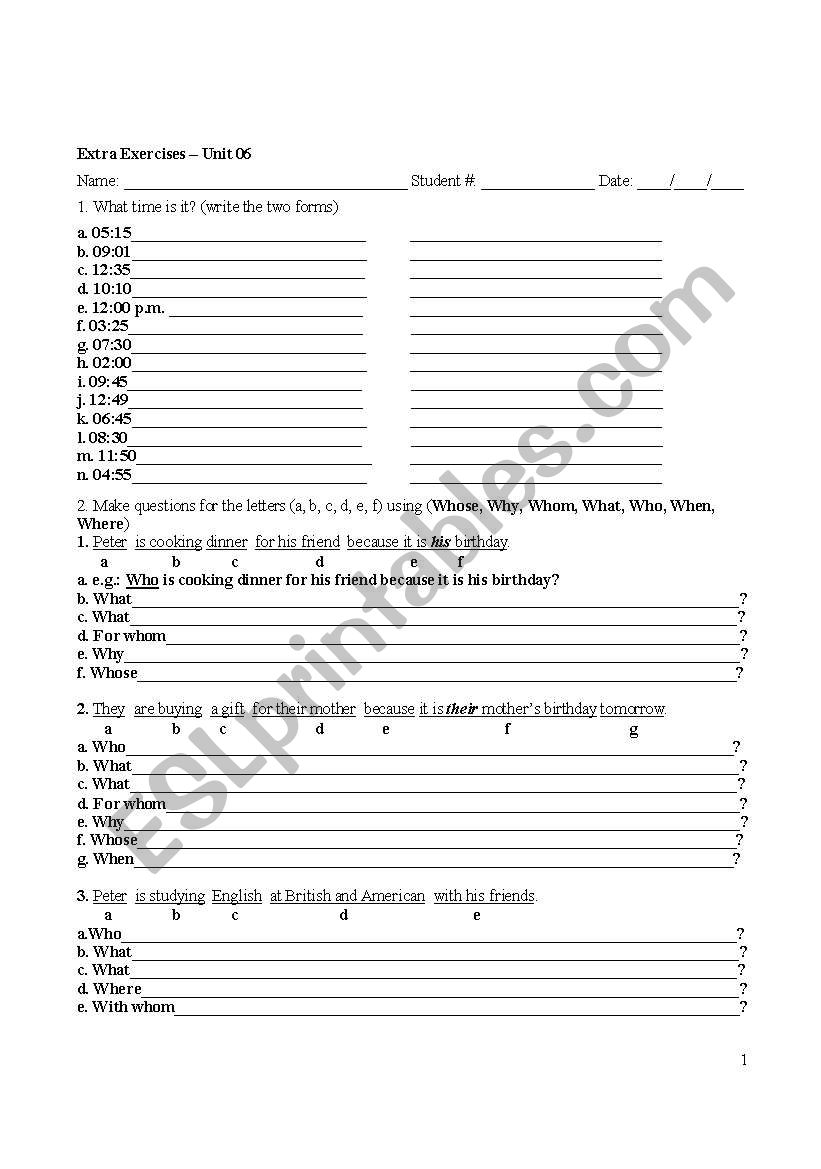 question words worksheet