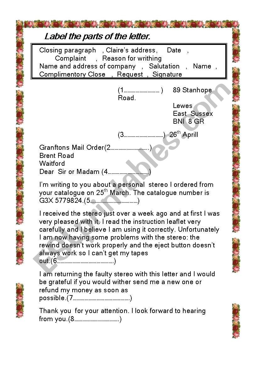 Complaint  letter worksheet