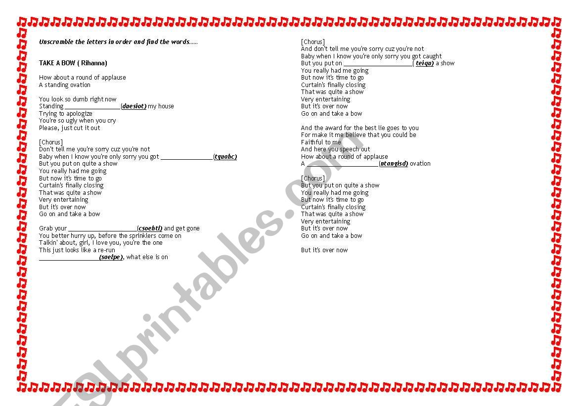 Take a Bow Rihanna worksheet