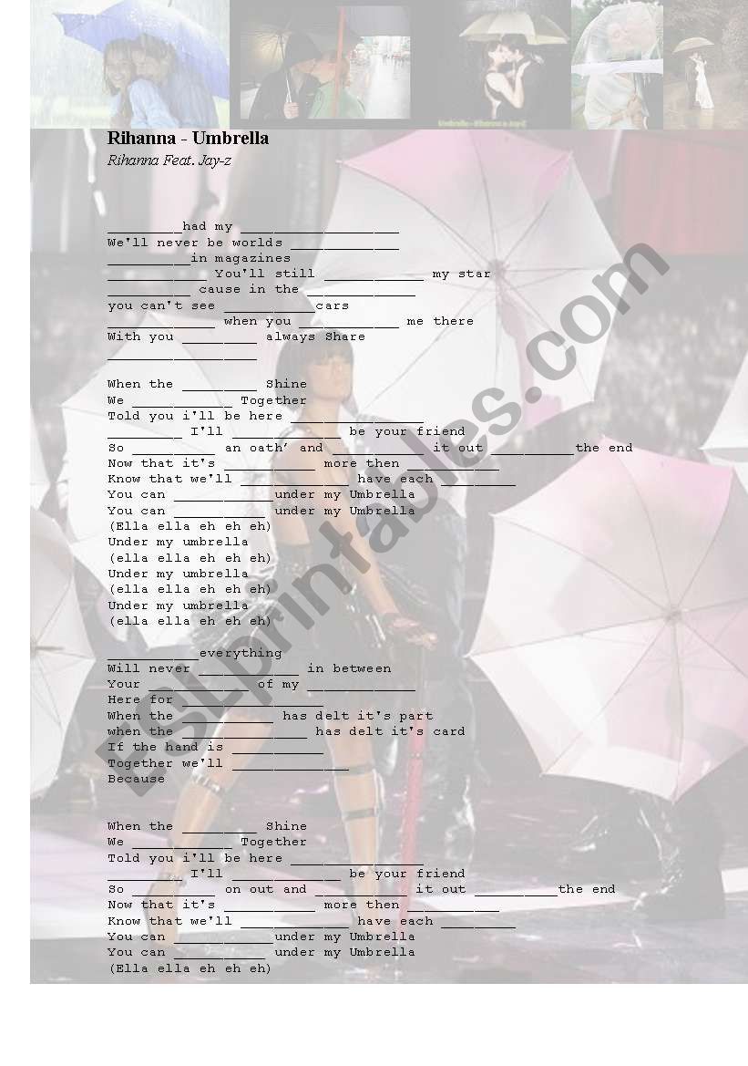 Song: Umbrella - Rihanna worksheet