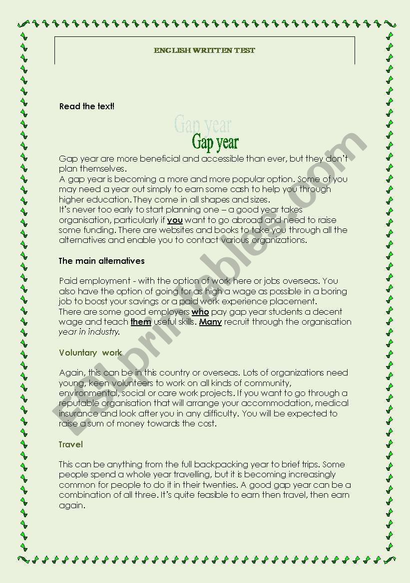 Test-Gap Year worksheet