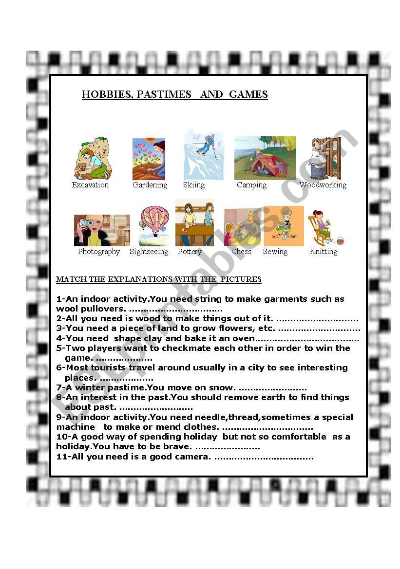 HOBBIES -PASTIMES- AND GAMES worksheet