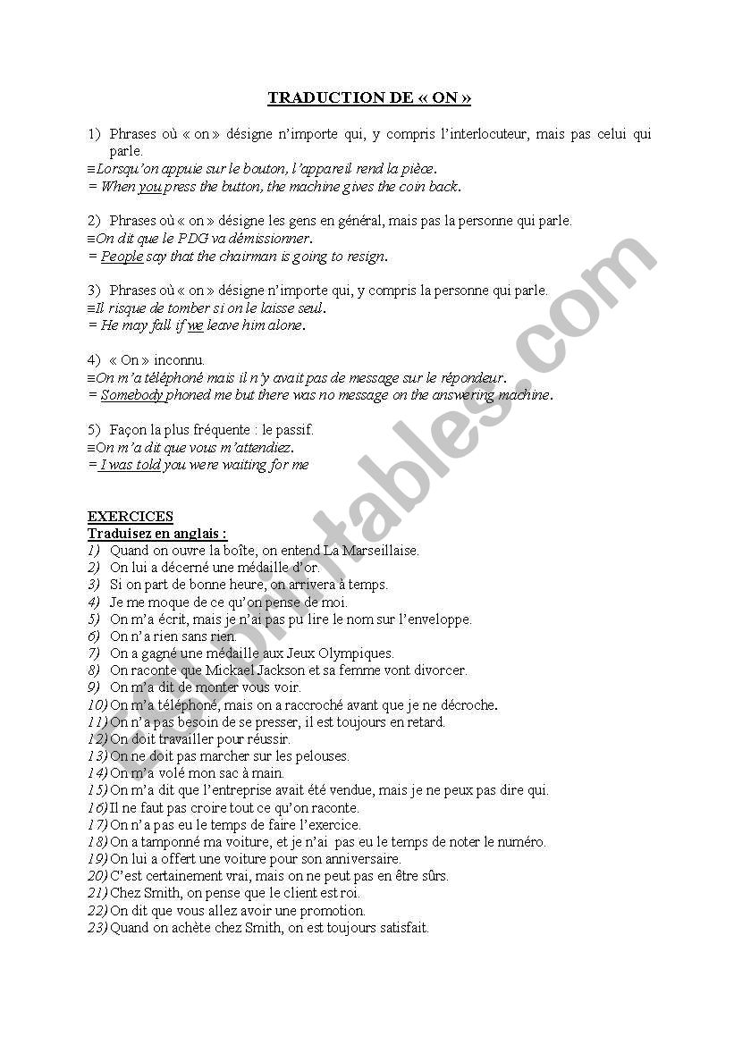 traduction de on worksheet