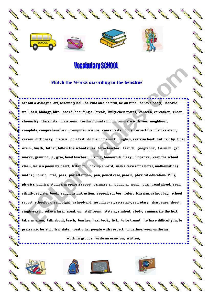 Matching  school words worksheet