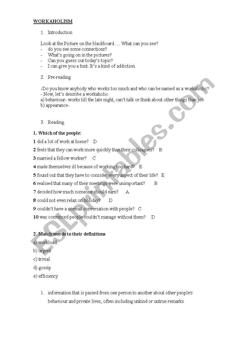 lesson plan workaholism worksheet