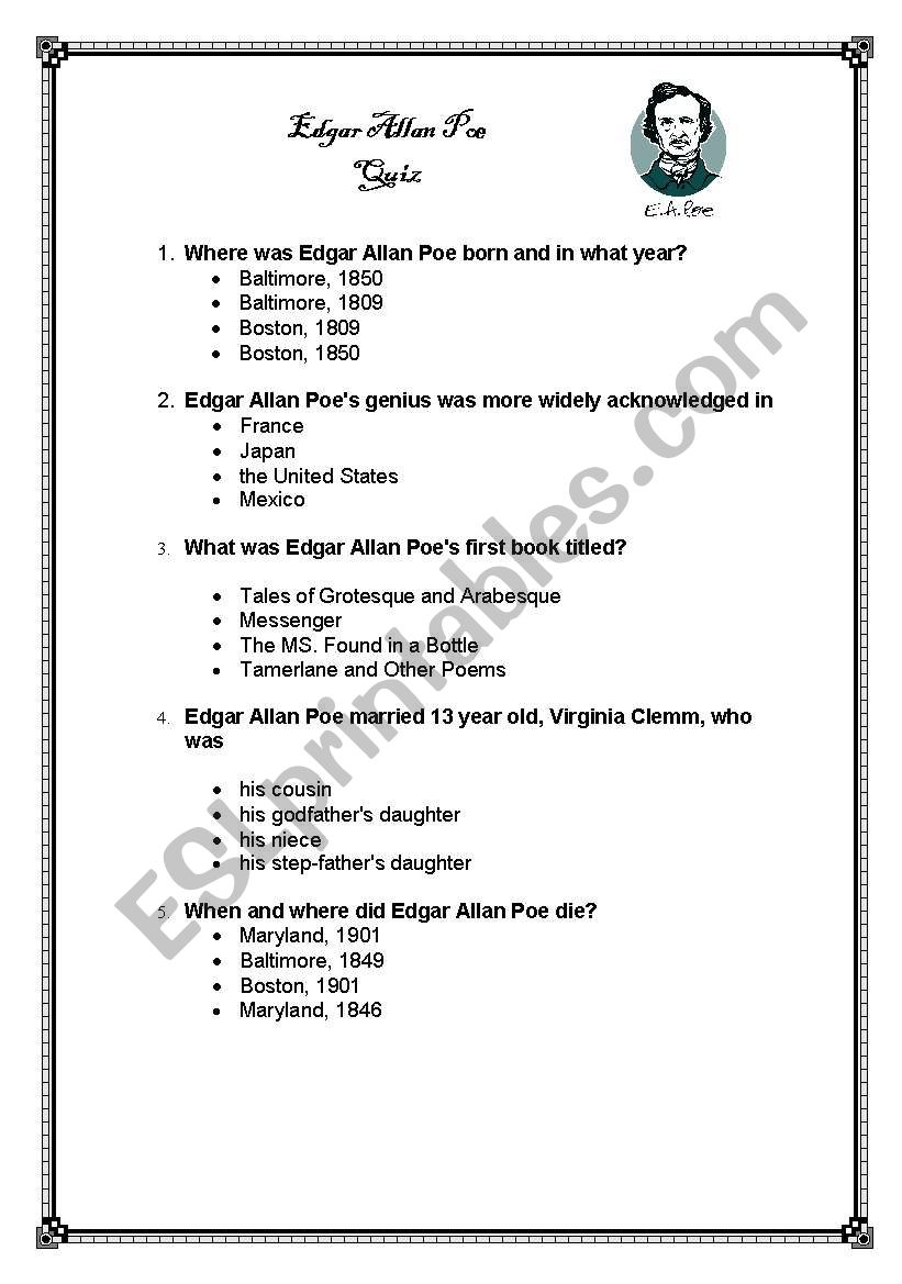 Edgar Allan Poe - Quiz worksheet