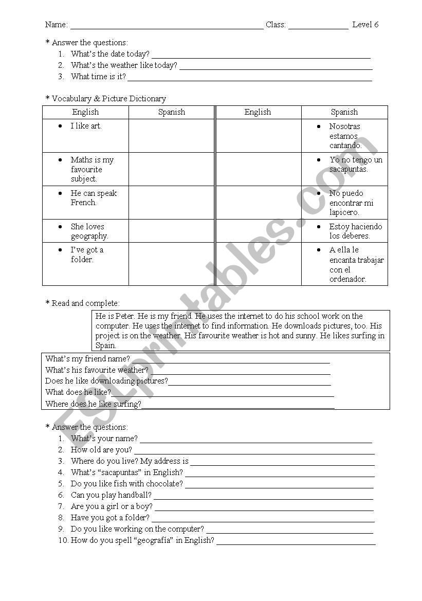 Test. Level 6. Primary School. TEFL.