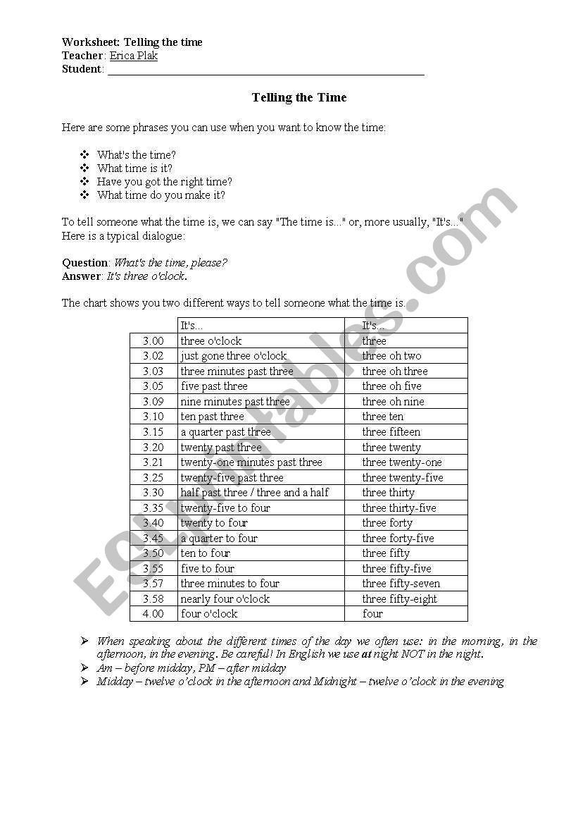 Telling the time worksheet