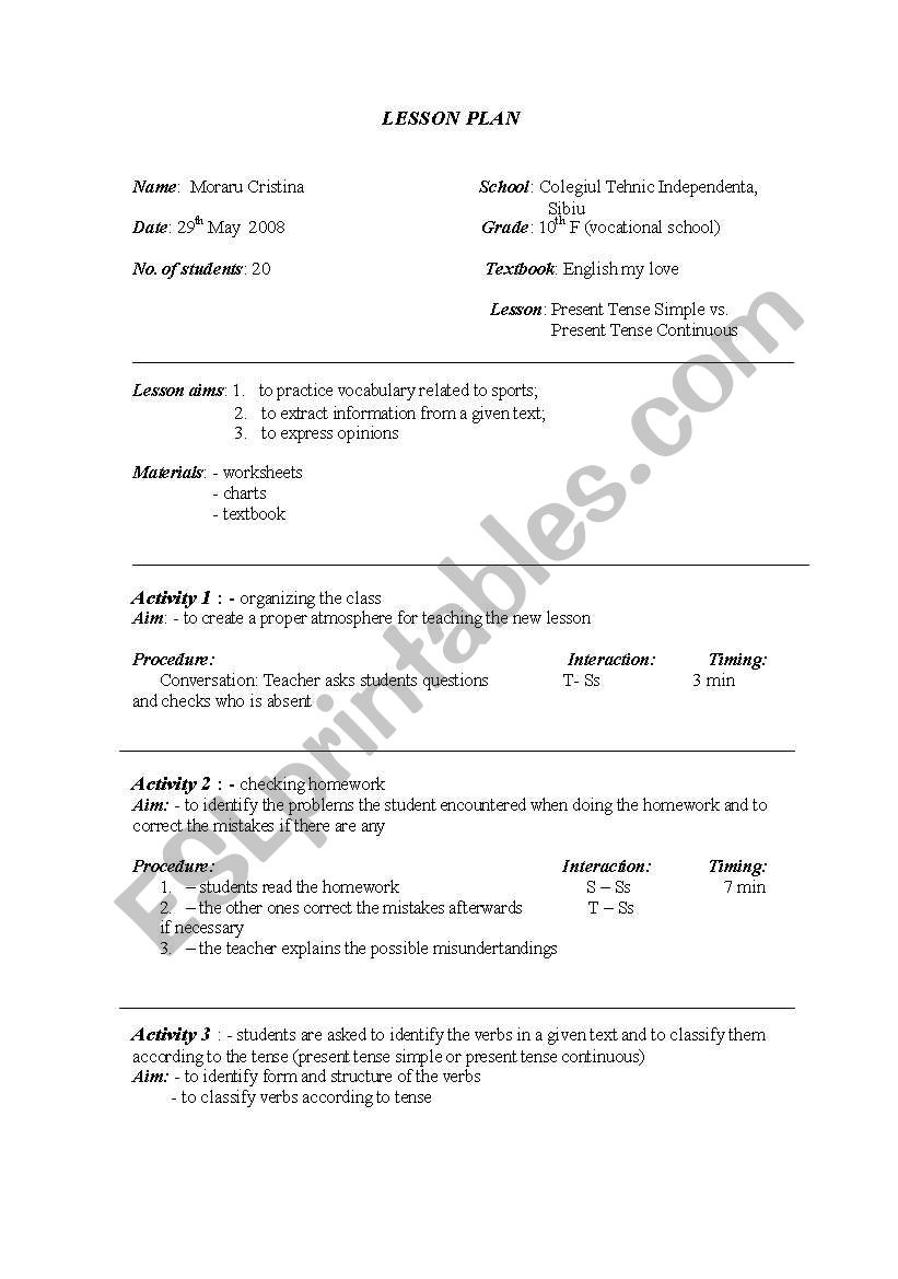 Lesson Plan - Present Tense Simple vs. Present Tense Continuous