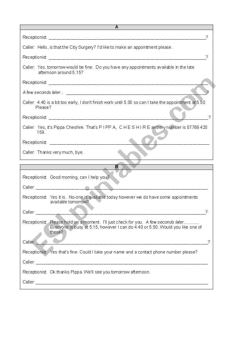 Crazy dictation - appointment worksheet