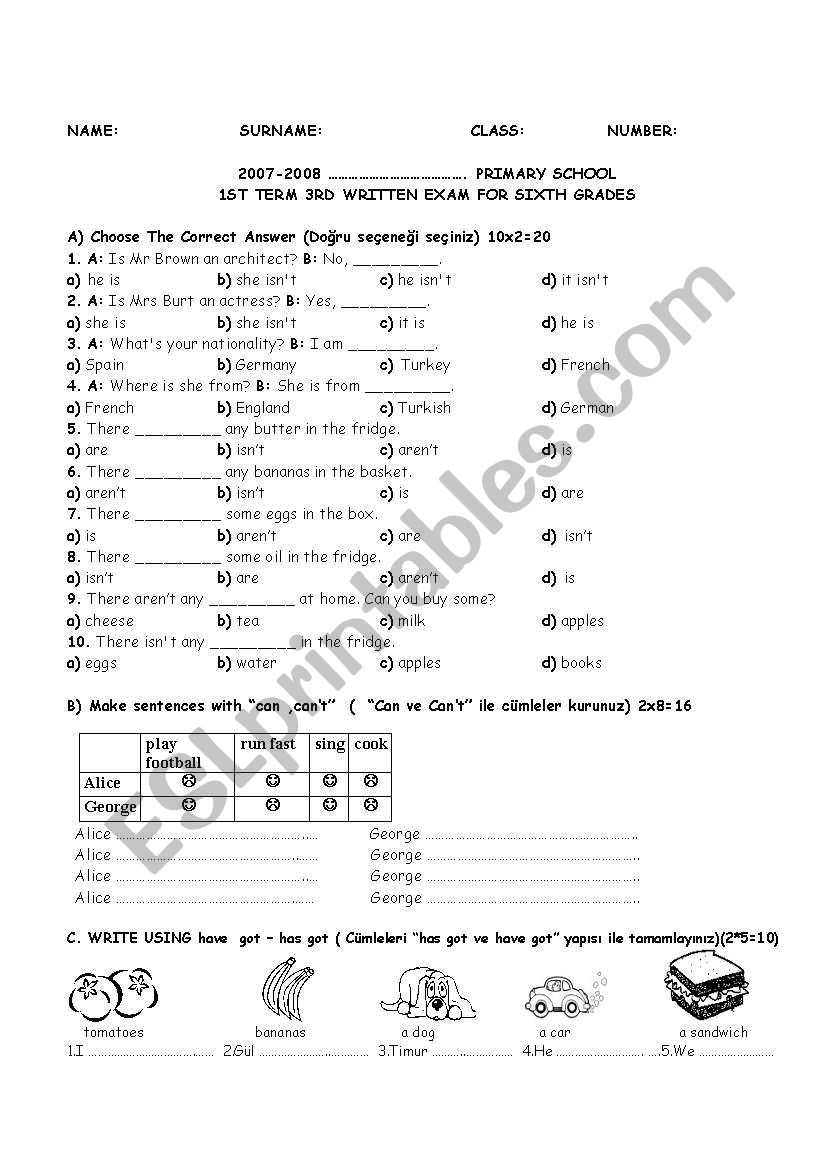 exam for 6. grade worksheet