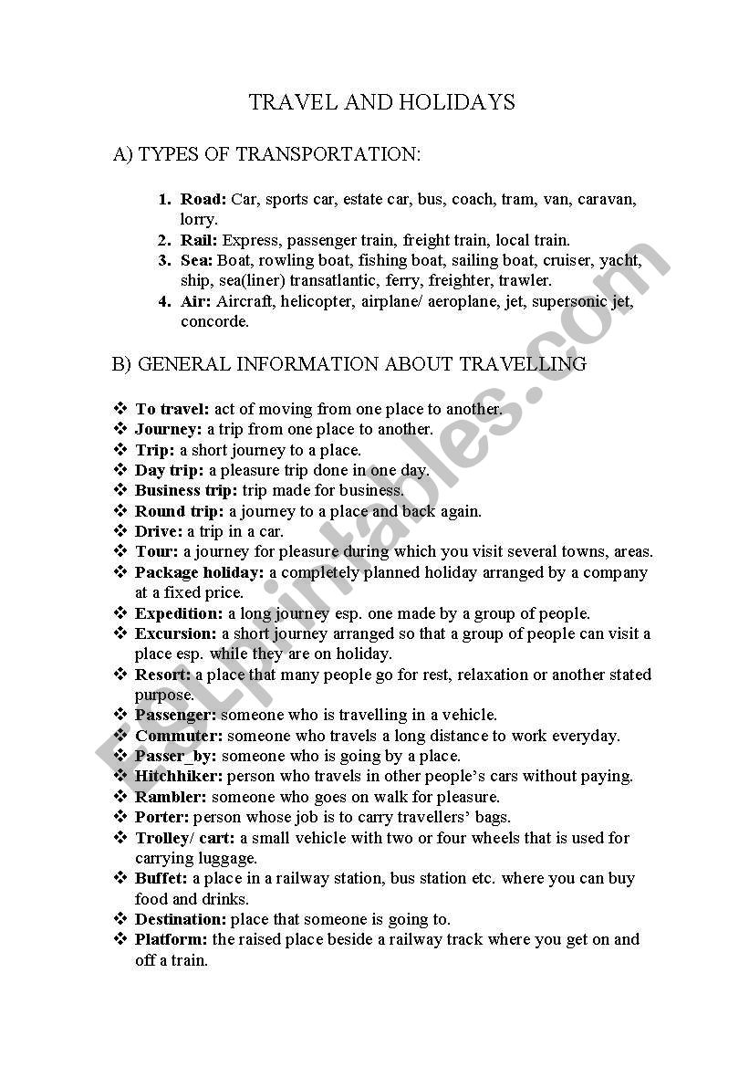 travel and holiday worksheet