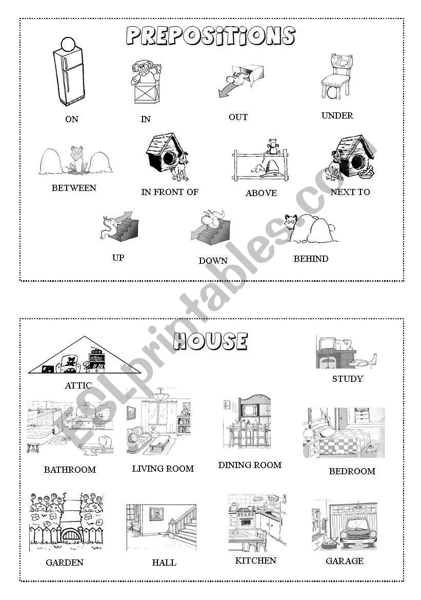 Prepositions and rooms mini-dictionary (B&W)