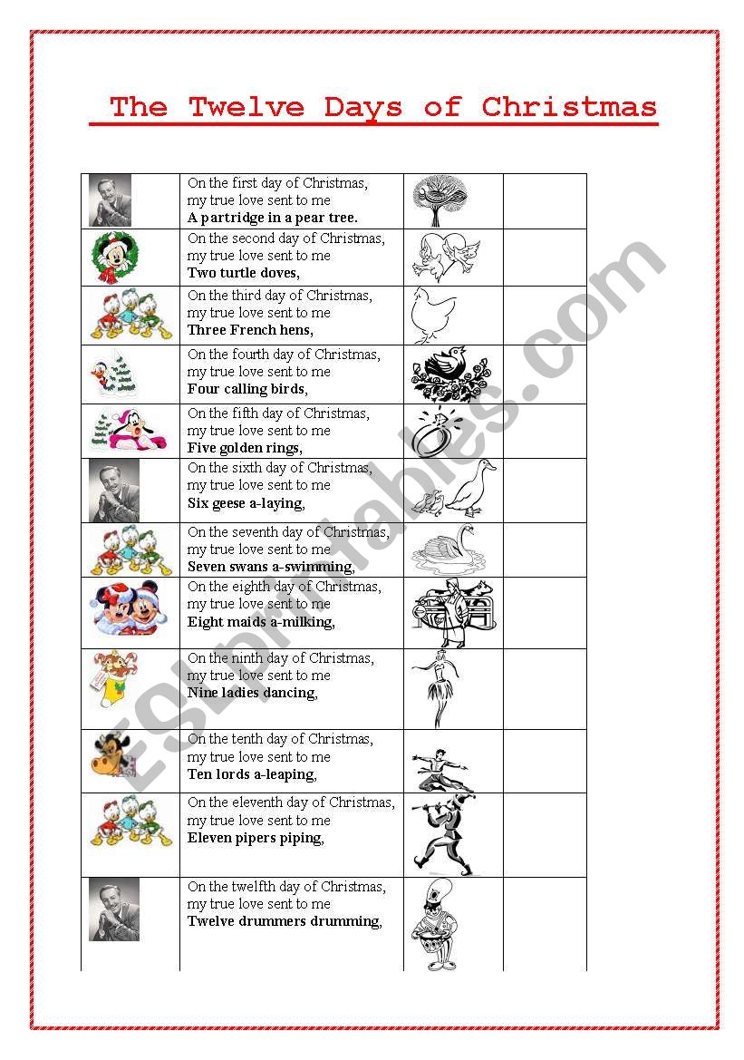 the twelve days of christmas worksheet
