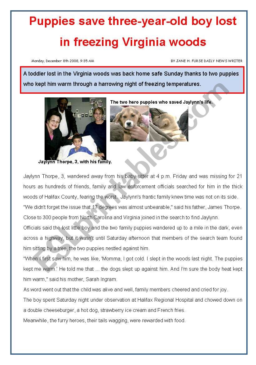 Puppies save 3 year old boy. worksheet