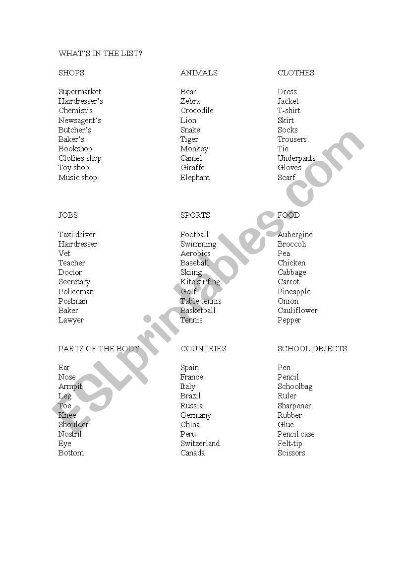 Whats in the List? worksheet
