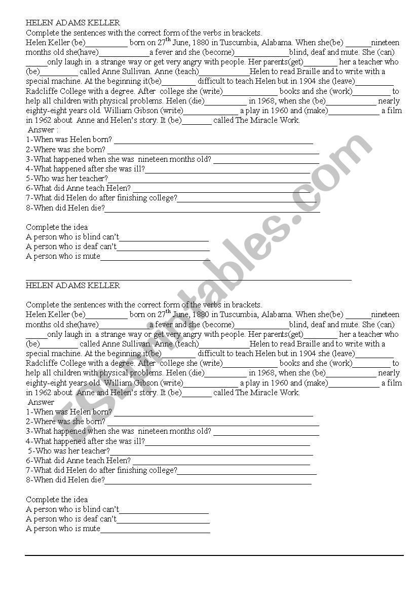 Helen Keler worksheet