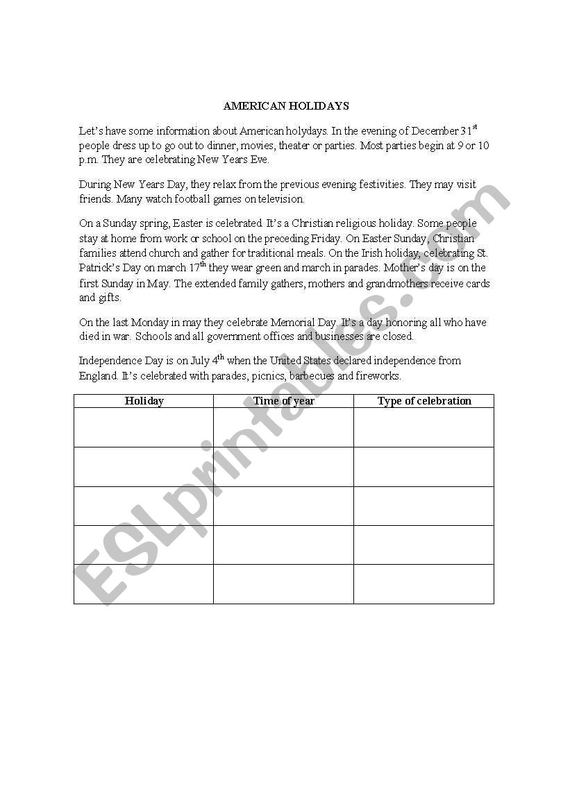 American Holidays worksheet