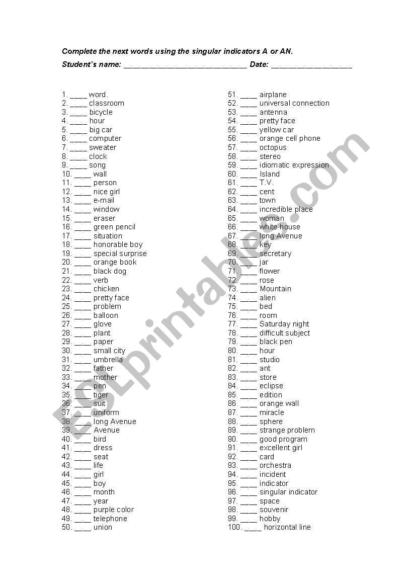 A or An Singular Indicator worksheet