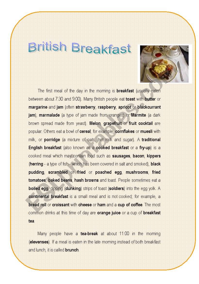 British Breakfast worksheet