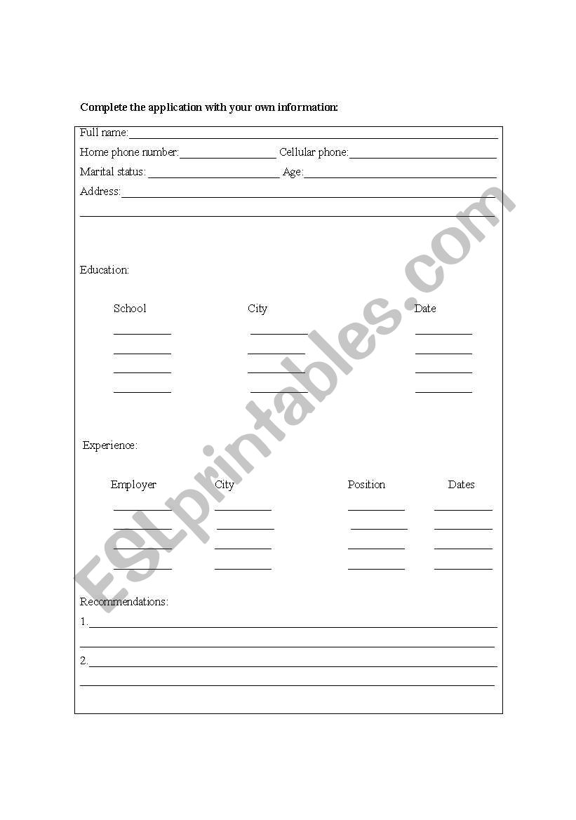 Job Application worksheet