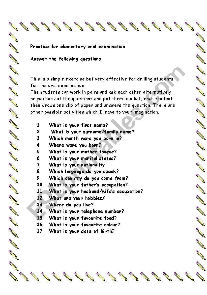 oral practice for examination worksheet