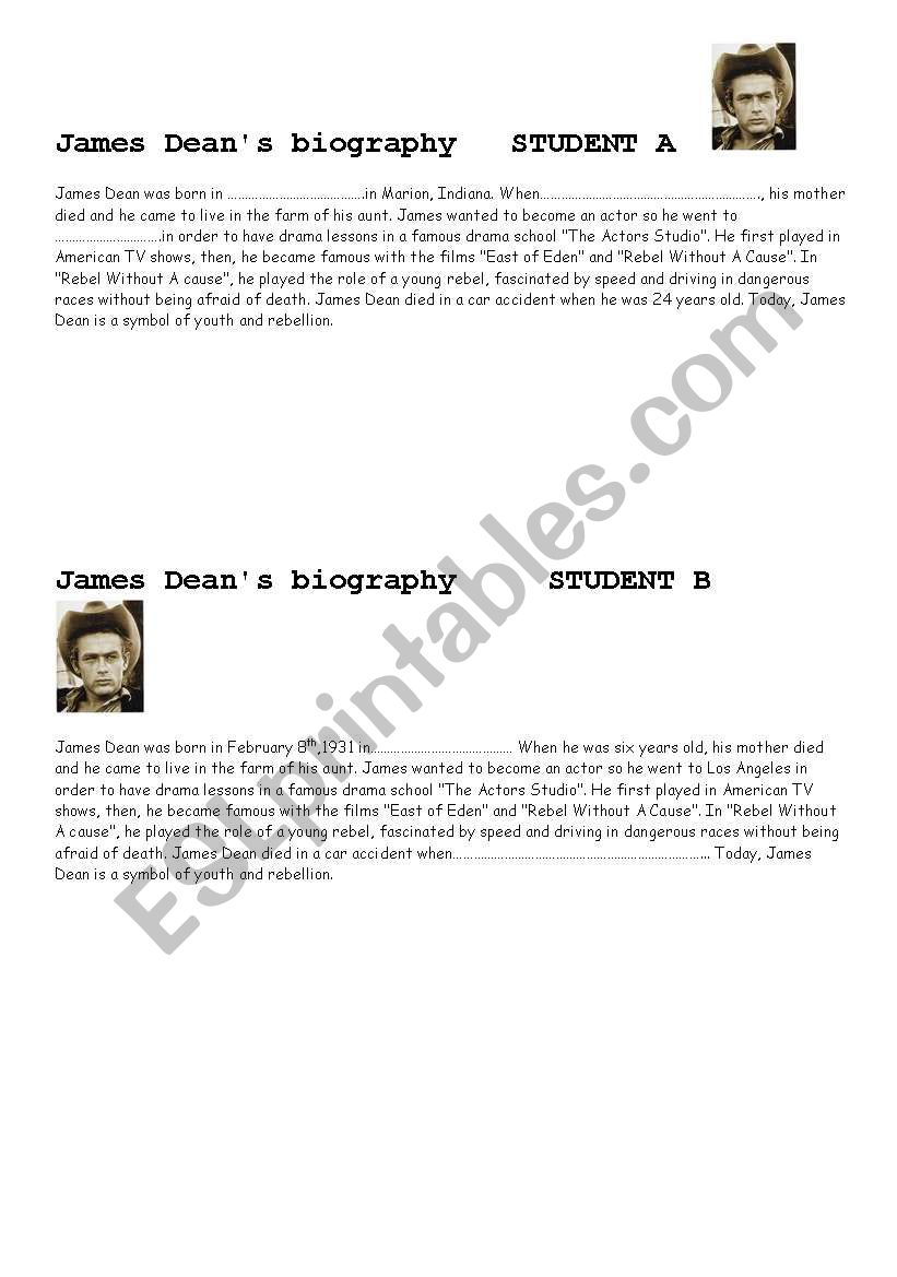 James Deans biography worksheet