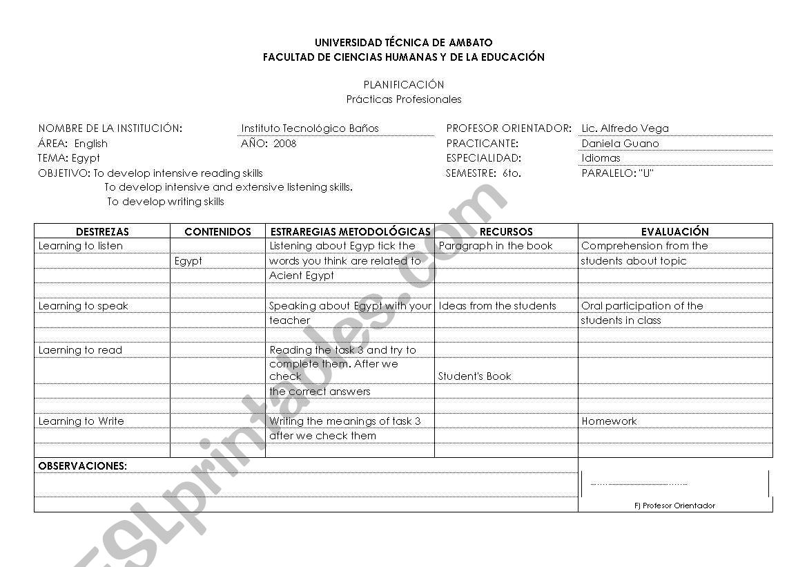 Planification worksheet