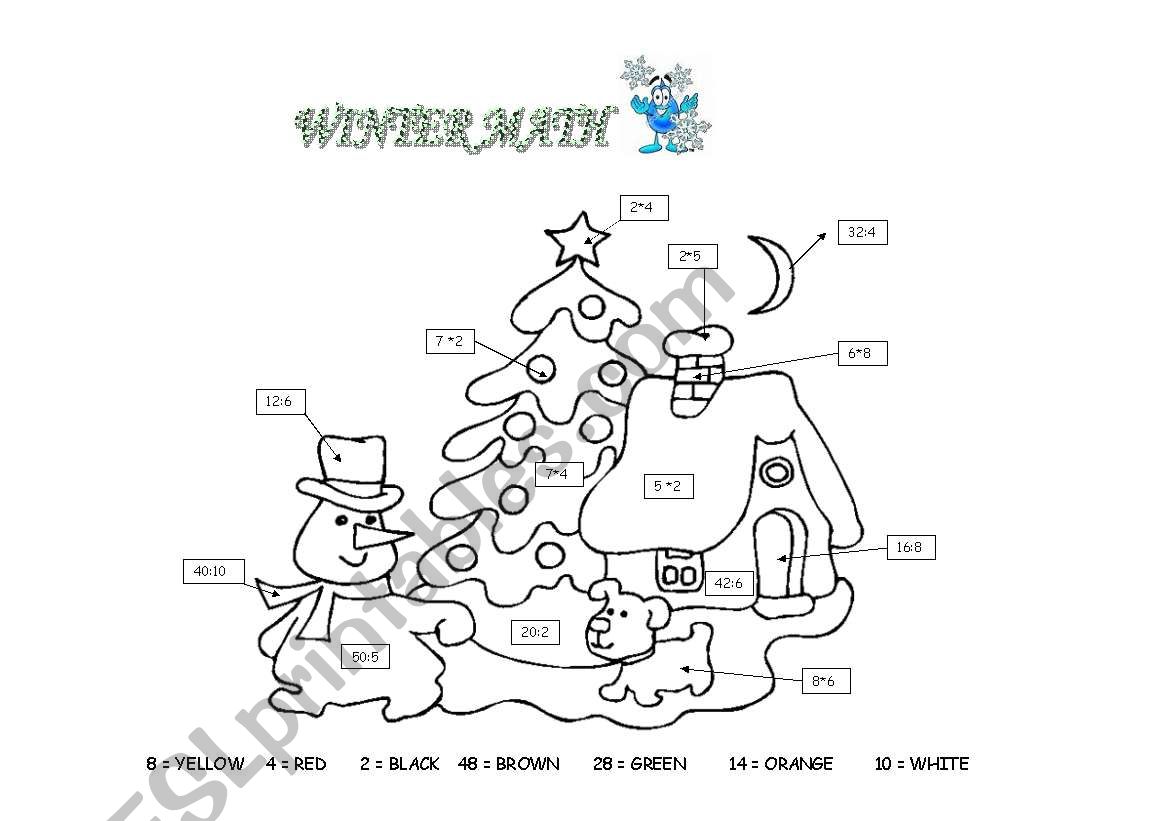 winter math coloring activity worksheet