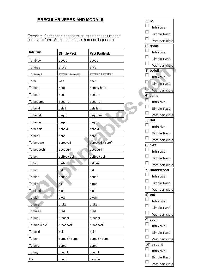 IRREGULAR VERBS PART 1 worksheet