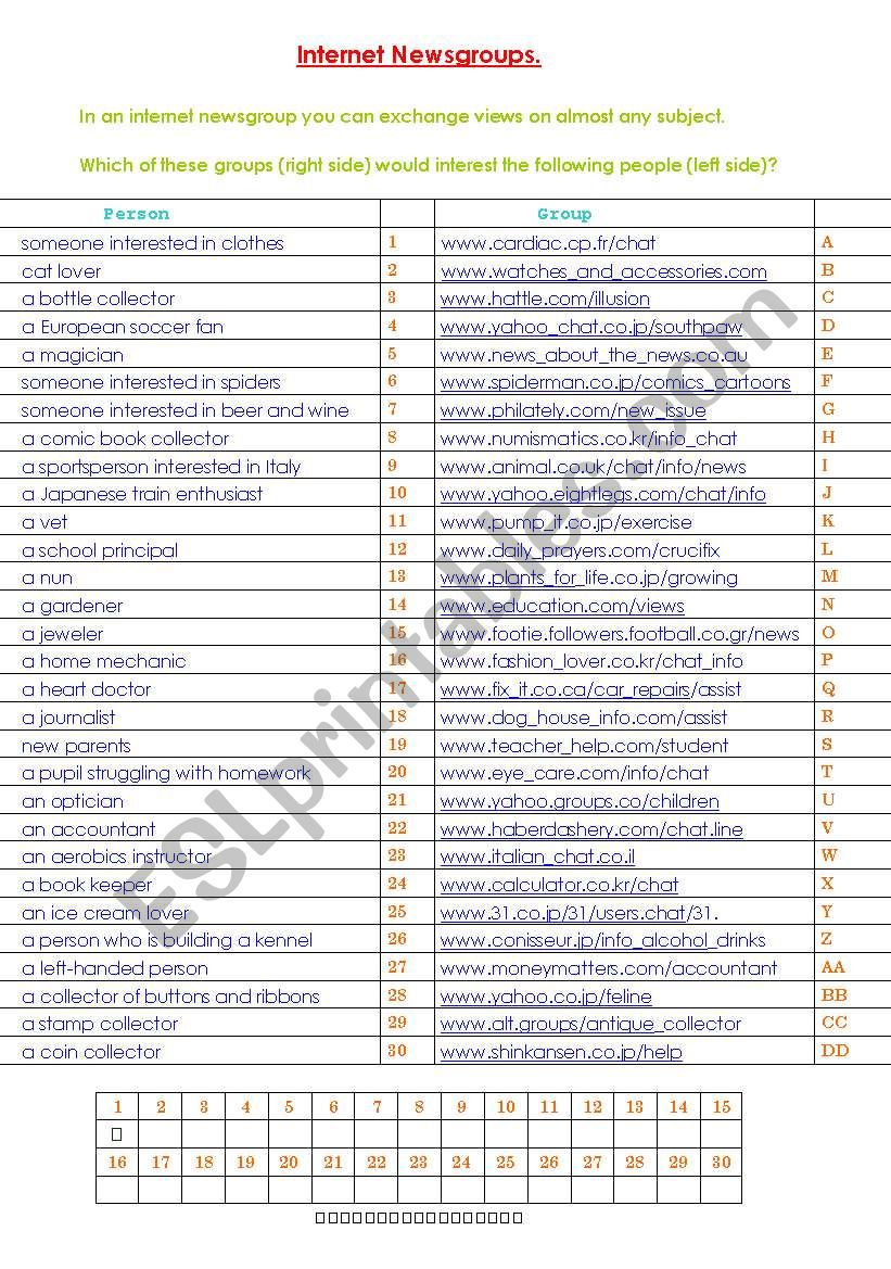 Internet Newsgroups worksheet