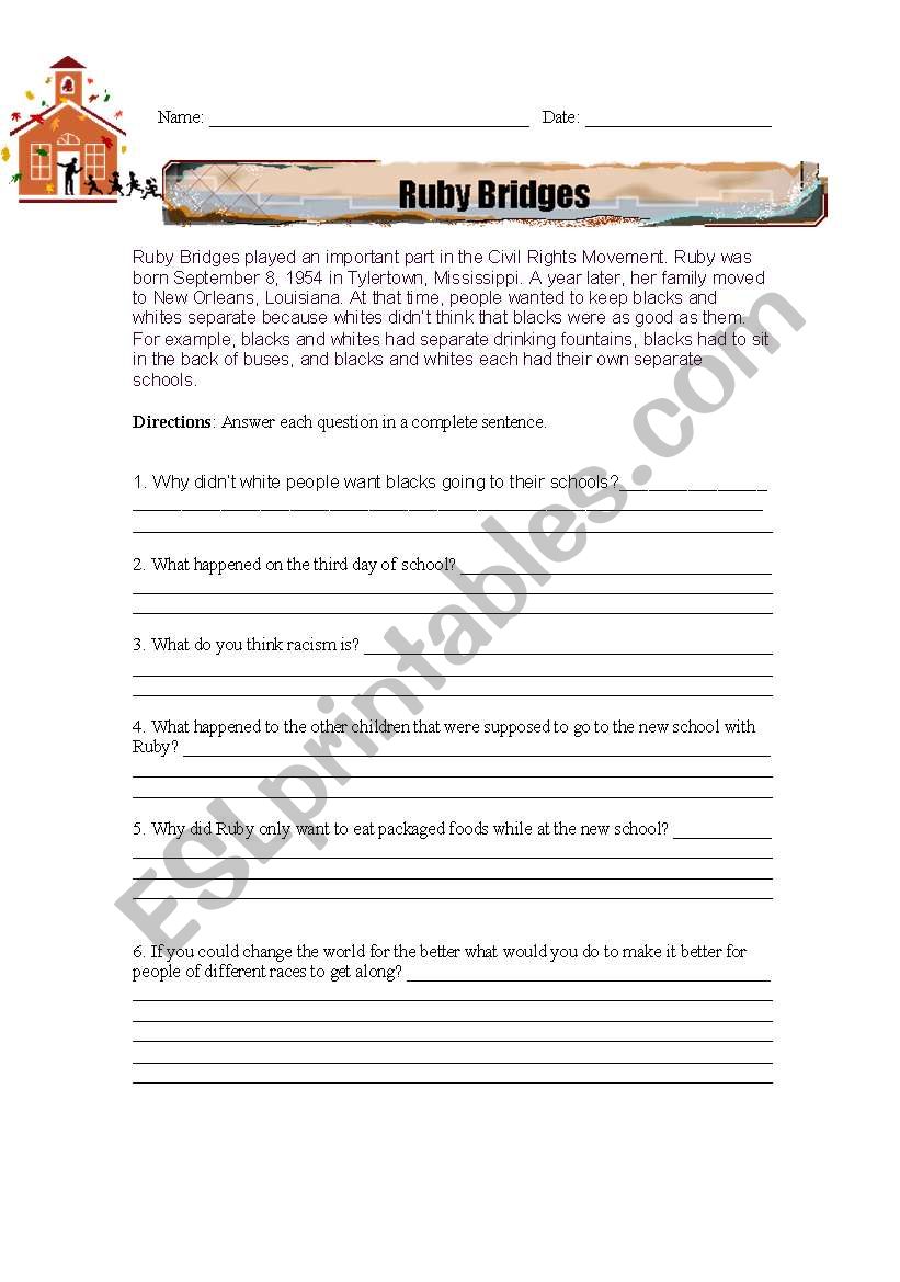 Ruby Bridges Reading Comprehension Worksheet